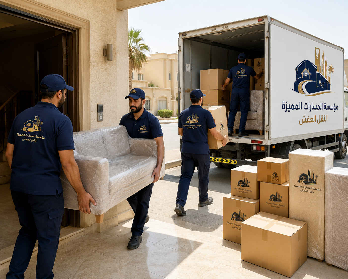 عمال ينقلون العفش بحرص